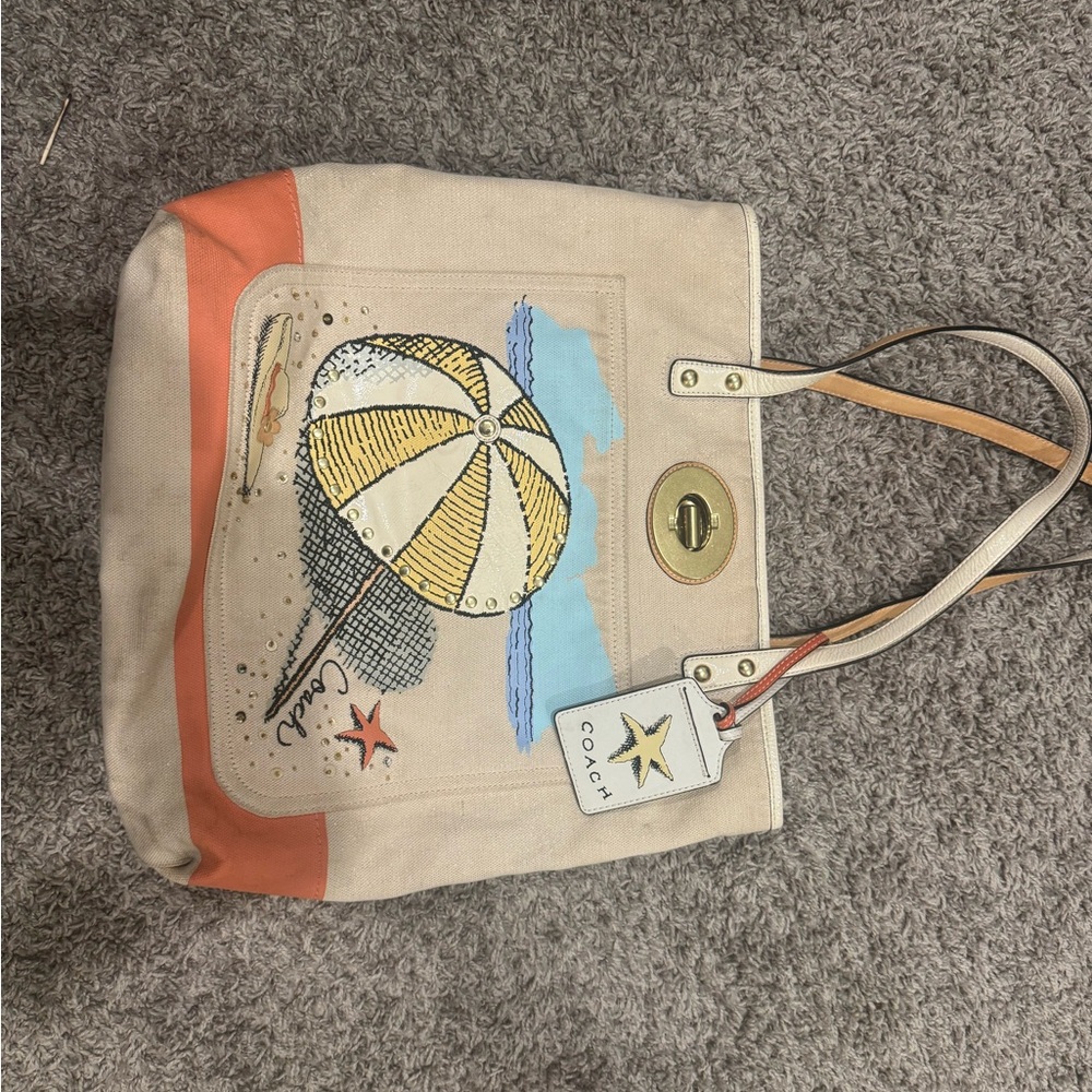 Coach Canvas Tote Bag - Tan, Orange, and Blue